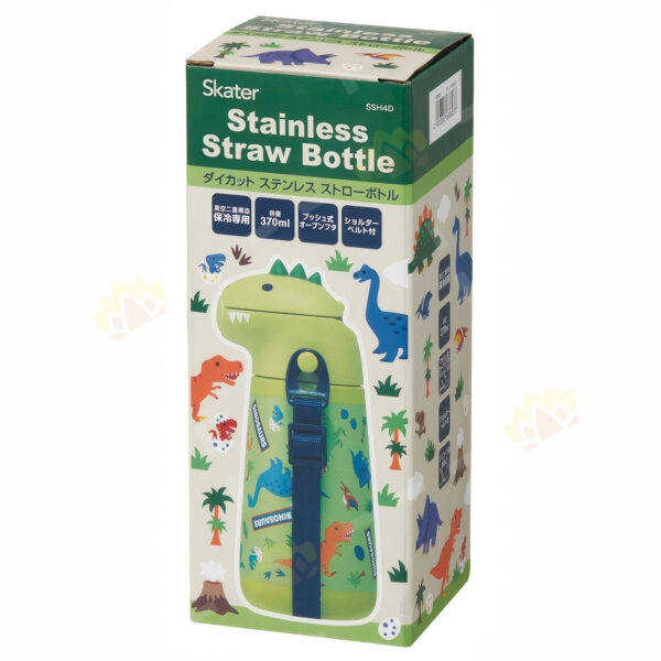 4973307638237 - Skater Stainless Steel Straw Bottle with Dinosaur Design 370ml